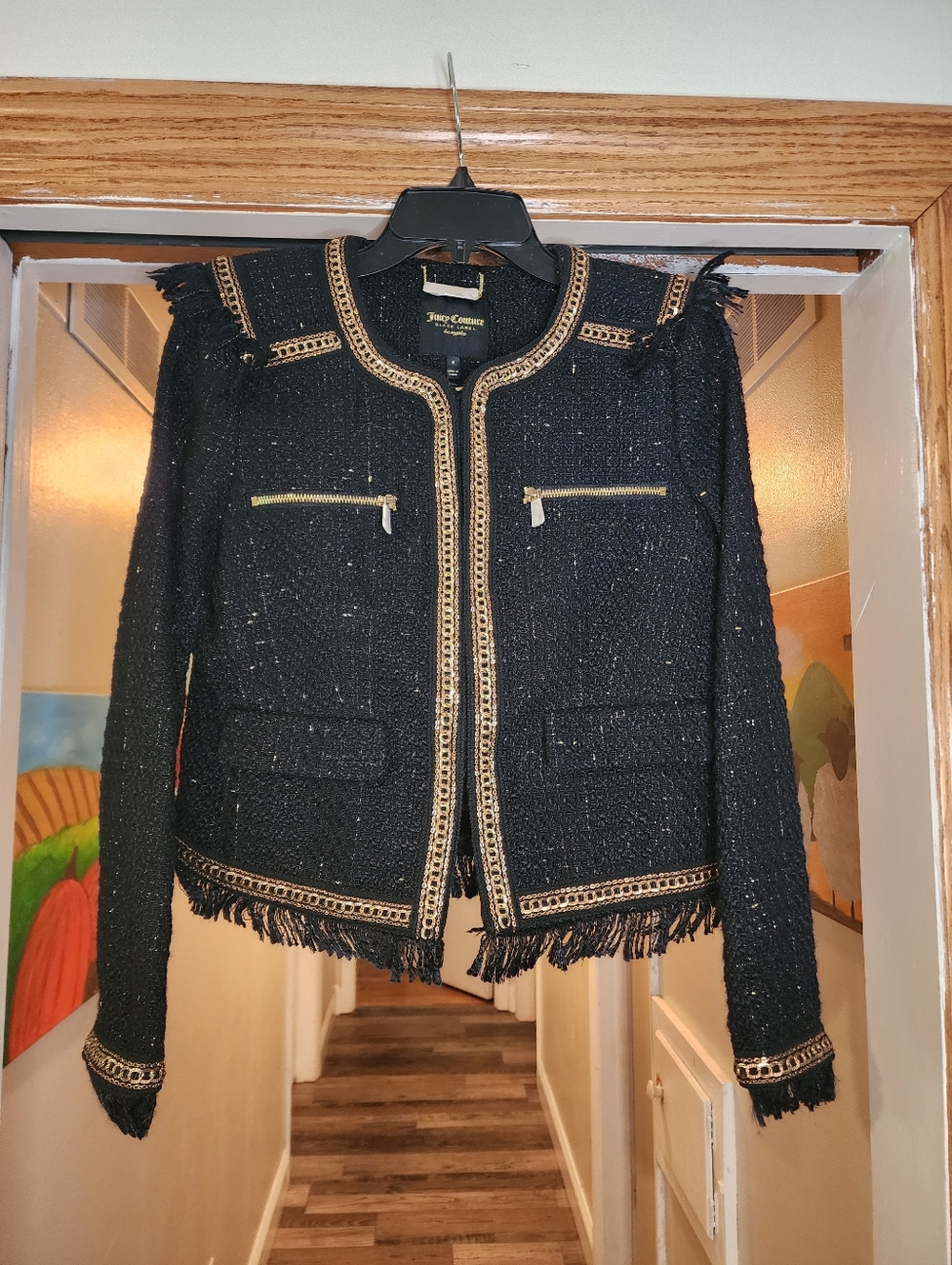 Juicy Couture Black Label Tweed Jacket with Gold Trim and Fringe